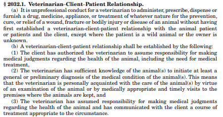 Citation from California Veterinary Medical Board in regard to VCPR (Veterinary Client-Patient Relationship)