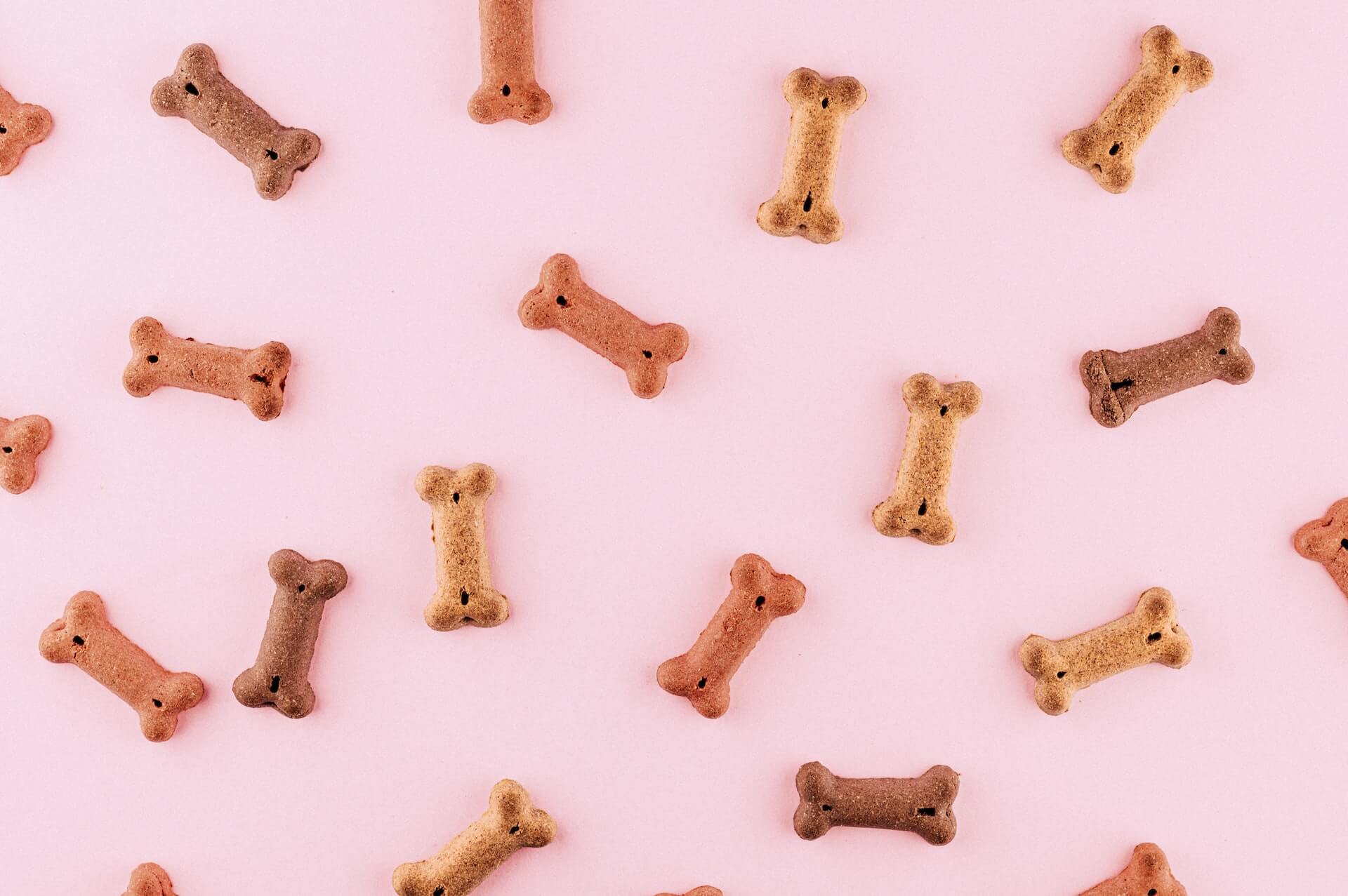 Alternating dog bone-shaped treats against a pink background.