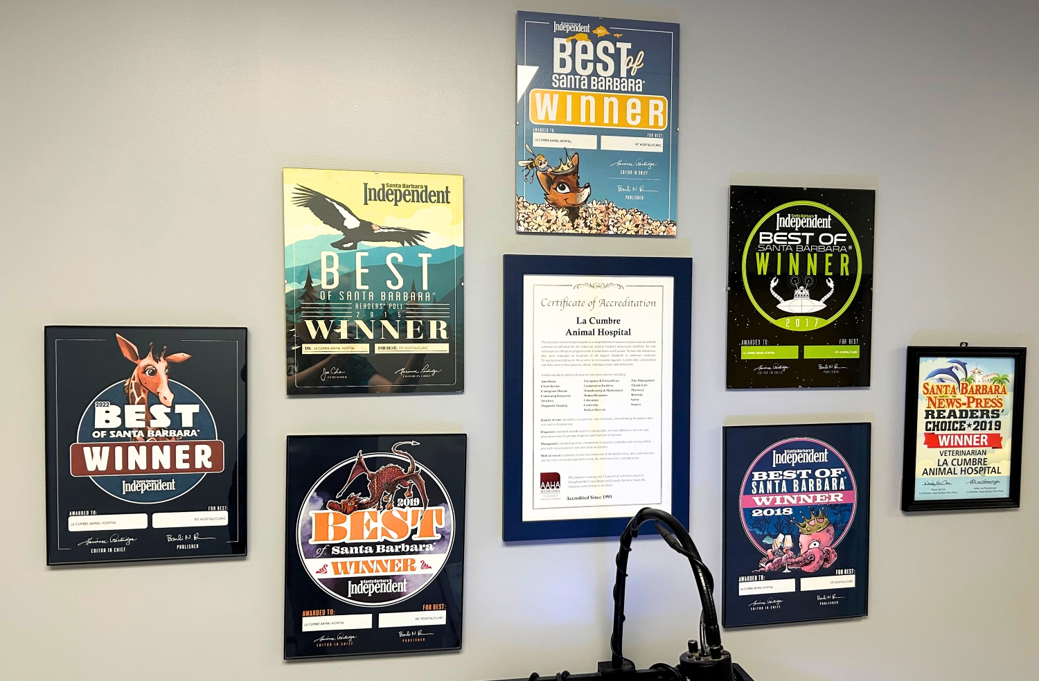Best-Of Santa Barbara Wall of local awards and accreditations given to LCAH.