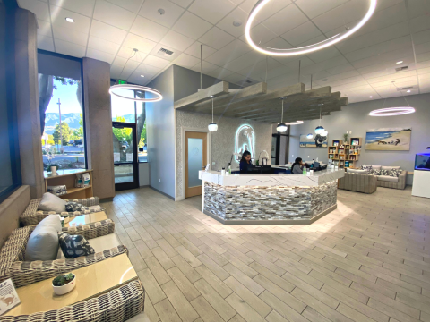 View of front desk from the upper right corner of the lobby.